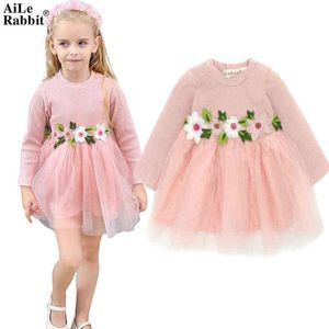 AiLe Rabbit Brand Girls Long Sleeve Dress Flower Fall New Princess TUTU Dress Fashion Wild Wedding Popular Kids Clothes k1 G220428