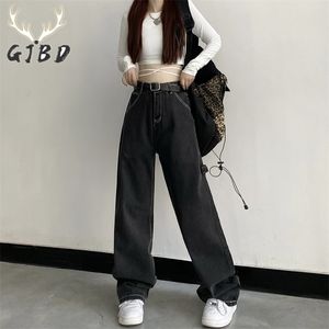 Kvinnor Jeans Vintage High Waist Y2K StreetWear Korean Fashion Black Grå Straight Jean Byxor Ladies Baggy Wide Ben Denim Trousers 220402