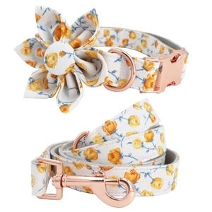 girl dog collar and leash set with flower for big small cotton fabric rose gold metal buckle Y200515