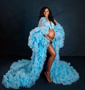 Blue Prom -klänningar för kvinnor Extra ruffles baby shower klänningar med bågsassbadroban Anpassa kändisrockar