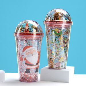 15oz/450ml Noel Karikatür Çift Katmanlı Şişeler Kupa Pullu Plastik Tumbler Yeniden Kullanılabilir Açık İçme Düz Alt Bardak Sütun Şekli Kapak Saman Kupalar Toptan Z11