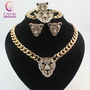 Cool Black Enamel Leopard Head Crystal Necklace Set For Women Men Trendy Gold color Costume African Jewelry Sets 201222