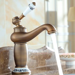 Badezimmer-Wasserhahn, antike Bronze, Waschbecken, massives Messing, Vintage-Stil, Einhebelmischer, dekorative Keramik