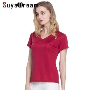 Suyadream Women Silk T Shirt Natural Silk Short Sleeve Solid V Neck Top Shirt New White Black Bottoming Shirts 210311