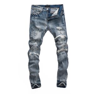 Herren Jeans European Jean AM Brief Stickerei Männer Patchwork für Trendmarke Motorrad Hosen Hosen dünn gerissen