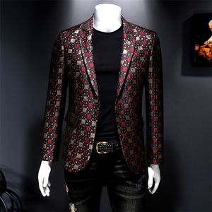 Autumn Slim Fit Blazer Men Gattice Stage Casual Suit Coats Silver Bourgogne Green Men Groom Wedding Suit Lattice Blazer 220801