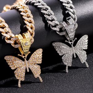 Ketten Trendy Schmetterling Kristall Anhänger Kubanische Halskette Für Frauen Iced Out Link Kette Chunky Choker Hip Hop SchmuckKetten