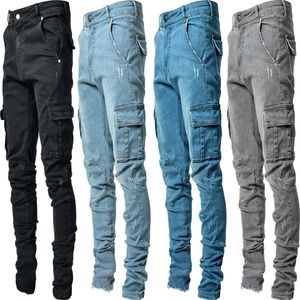 Celana Pensil Pria Jeans Eropa Terbaru Celana Denim Katun Kasual Lubang Tertekan Sobek Celana Fashion Baru Kargo Saku Samping 220817