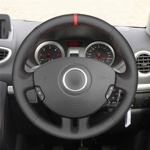 Coprivolante Cucito a mano Pennarello rosso Nero PU Copriauto in pelle artificiale per Clio 3 2005-2013 2005-2013Coperture sterzoSteering