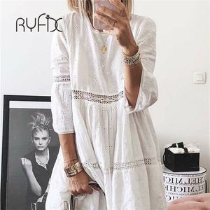 5XL Women Elegant Embroidered Lace Dress White Female Splicing Floral Hollow Out Loose Casual Party Vestidos BG74 220521