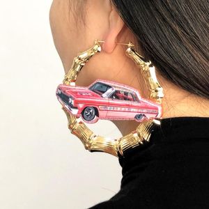 フープハギー印刷グリルピンクスポーツカー女性用竹のイヤリングキラキラアクリルトレンディアクセサリーロックヒップホップジュエリー