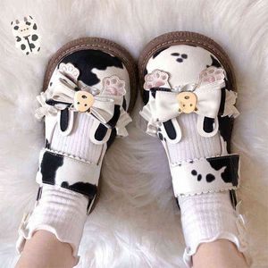 Kleid Schuhe Kawaii Kuh Druck Mädchen Mary Janes 2022 Japanischen Stil Patchwork Pu Bogen Lolita Frühling Schwarz Weiß Spitze Zapatillas mujer 220516