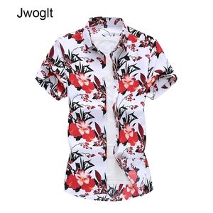 45KG120KG Summer New Fresh White Red Flowers Shirts Casual Fashion Button Down Short Sleeve Shirt 5XL 6XL 7XL 210412