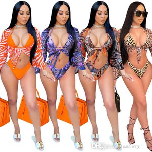 2022 kvinnor baddräkt designer v-neck sexig bikini mesh leopard punkt sling tre styck set mode långärmad sjal bh