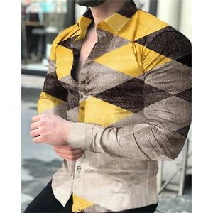 Skjortor för Mens Vintage Splicing Loose Button Casual Långärmad Mänskjorta Streetwear Autumn Fashion Tenn-down Collar Topp 220401