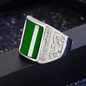 Cross-Border Hot Silver Domineering Elegant Dragon Pattern Ring Male Emerald Agate Open Mouth Ring Wholesale Jewelry