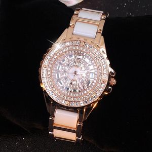 Armbanduhren Damenmodeuhr Luxus Roségold Kristall Diamant Armbanduhren Keramikarmband Kleid StrassuhrArmbanduhren