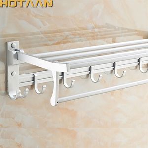 New Bathroom Towel Racks Foldable Alumimum Chrome Towel Holder Wall Mounted Towel Shelf With Hooks YT4005 200923