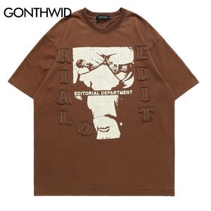 Camisetas góticas de grandes dimensões de streetwear bordado bordado letra gráfica impressão gráfica de manga curta camiseta harajuku retro algodão camiseta 220622
