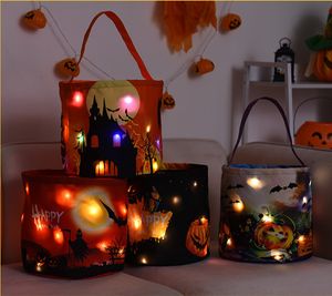 Halloween Party Decoration Day Ghost Day Sacos de doces infantis Cesta de Halloween com luzes brancas portátil de férias portátil Bucket B6