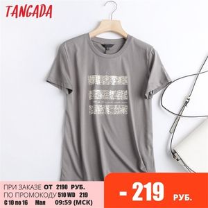Tangada Vwomen cinza estampa de algodão camiseta de manga curta o pescoço Tees Ladies Casual camise