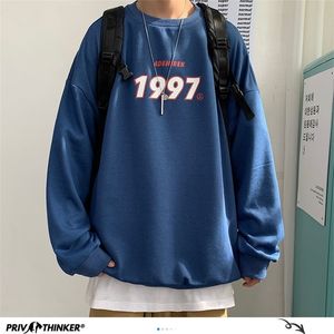 Privathinker Men Oversized Hoodies Warm Fleece Casual Sweatshirts Harajuku 1997 Printed Blue Korean Women Pullovers 220325