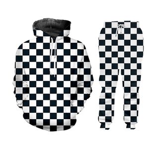 UJWI Plaid bianco e nero Scacchiera Casual Streetwear Felpa e pantaloni Girocollo Felpa con cappuccio Pullover Uomo Donna Tuta LJ201125