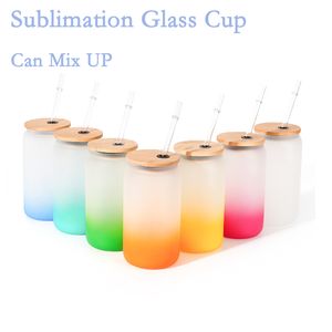 20oz sublimação copo de vidro com tampa de bambu transferência de calor garrafas de água gradiente cor beber copo