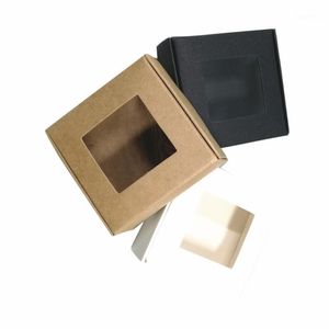 Gift Wrap 30Pcs Plastic Kraft Paper DIY Craft Display Package Box With Clear Window Handmade Chocolate Pack 8.5x8.5x3.5cm