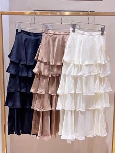 Kjolar vår sommar kvinnor solid färg hög midja split ruffles lång kjol japan stil söt dam chiffong ankel längd kjolar