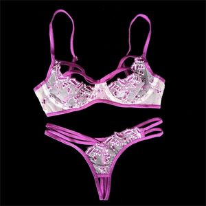 Sexy Bra and Panty Set Ultra-thin Gauze Embroidered Underwear Lingerie Crotchless Panties Lace Bra Set Transparent Intimates LJ201211