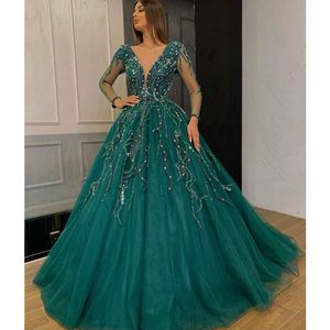 Luxury Emerald Green Prom Dresses Long Sleeve African Sexy Sheer V Neck Women Formal Evening Gowns