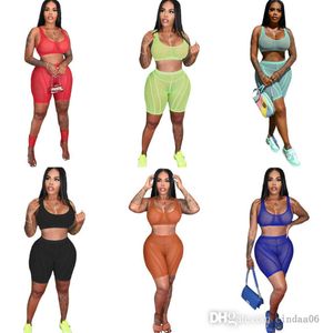 Sexy schiere Yogahosen Damen Trainingsanzüge Sommer Mesh Zweiteiler Set Designer Kleidung Crop Top Weste Shorts Outfits