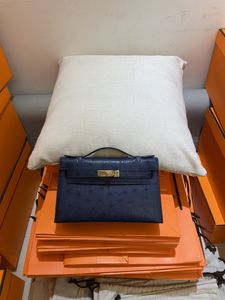 Tote varumärke grossistpris verkligt struts läder 22 cm designers handväska lyxväska helt handgjorda stiching med vaxlinje djupblå ljus