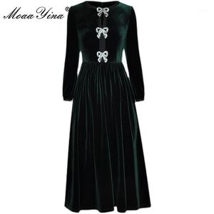 MoaaYina Fashion Designer Dress Spring Autumn Women's Long Sleeve Bowknot Sequins Crystal Beaded Velvet Dresses Casual