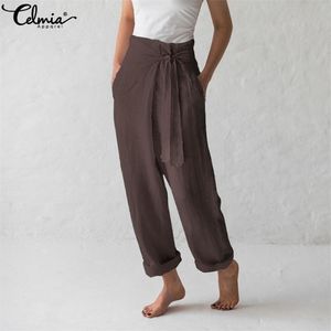 Celmia Women Women Vintage Linen Wide perna Pants 2019 Summer Bottoms Feminino Casual Harem Pacockets de Pant Long Pantalon Plus Tamanho 5xl T200319