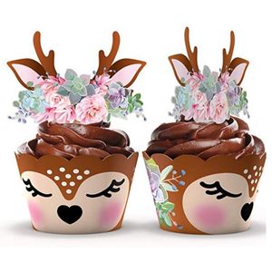 Altre forniture per feste festive 24/48pc Cartoon Sika Deer Cupcake Wrapper Antler Paper Cake Toppers Toppers Merry Christmas Xmas Year Birthday D