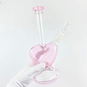 9inch Pink Heart Shape Glass Hookah Shisha Dab Rig Smoking Water Pipe Glass Bong