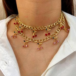 Kedjor Charm Crystal Cherry Pendant Necklace For Women Statement Curb Cuban Choker Metal Collar Girls Hiphop Jewelrychains