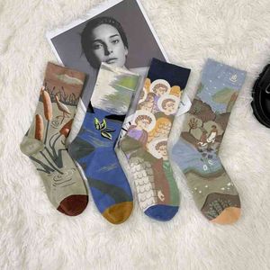 Designer Runner Sock Mens and Womens Combed Cotton Socks Color Silk Stockings Oil Painting Printing Cartoon Creative Portrait Plants Animals Abstract
