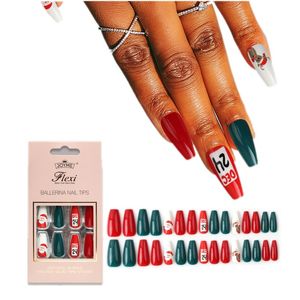 Künstliche Nägel für Weihnachten, mittellang, Ballett, Rot, Grün, Schneeflocke, französisches Acryl-Nagelband-Set, 30 Stück