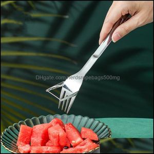 Frukt grönsaksverktyg kök kök matsal hem trädgård mtifunktion 2 i 1 rostfritt stål gaffel vattenmelon skivare bordsartiklar g