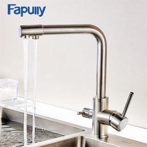 FAPULLY FAUCET FÖR KITCHE Sink 3 Vägs Dricksvatten Nickel Borstat Svivt Kök TAP Filter Mixer Kök Kranar 176-33 T200805