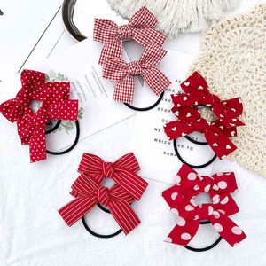 Cute Small Red Bow Butterfly Elastic Hair Band Dot Solid Striped Plaid Rubber Circle For Girl Ponytail Holder Hair Accessories AA220323