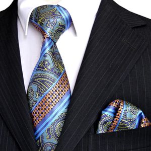 ingrosso Legami Azzurri-E3 Stripes Paisley multicolore blu scuro turchese arancione da uomo cravatte set calchetto tasca quadrata seta jacquard woven230y