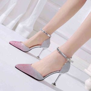 2021 sexy gradient surface pointed toe buckle hollow stiletto high-heeled shoes G220425