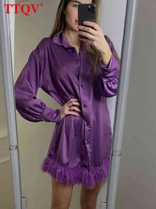 TTQV Fashion Purple Satin Mini Dress Casual Loose Lapel Long Sleeve Dress Elegant Feather Patchwork Dresses for Women 2022 T220804