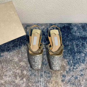 Sandals Slippers Princess Shoes Women High Heels Luxury стразы Цепочки дизайнер бренд Shine Chunky на каблуках 220315