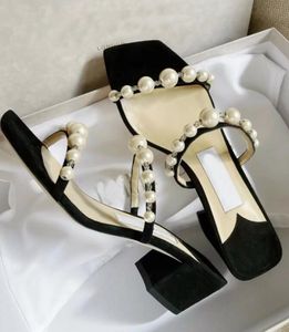 Luksusowy projekt sukienka but Amara sandały damskie perłowy pasek kapcie masywne obcasy mule kwadratowy nosek pani letnie czółenka wesele EU35-43.Box