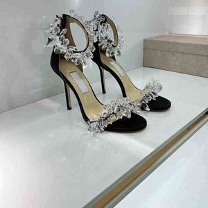 High version J high heels crystal ice flower 2022 new white wedding shoes Rhinestone stiletto fairy style one line sandals